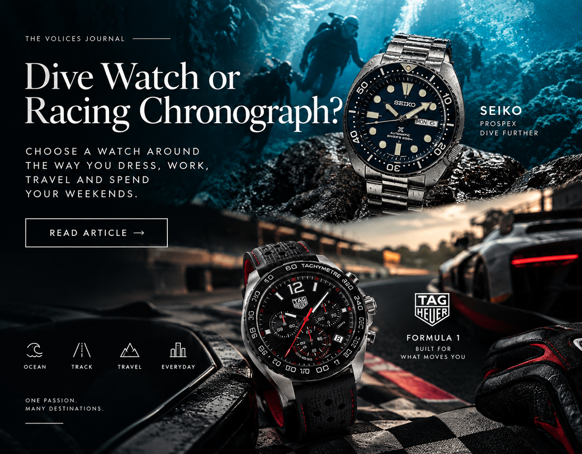 Dive watch and racing chronograph lifestyle comparison for the Volices Journal