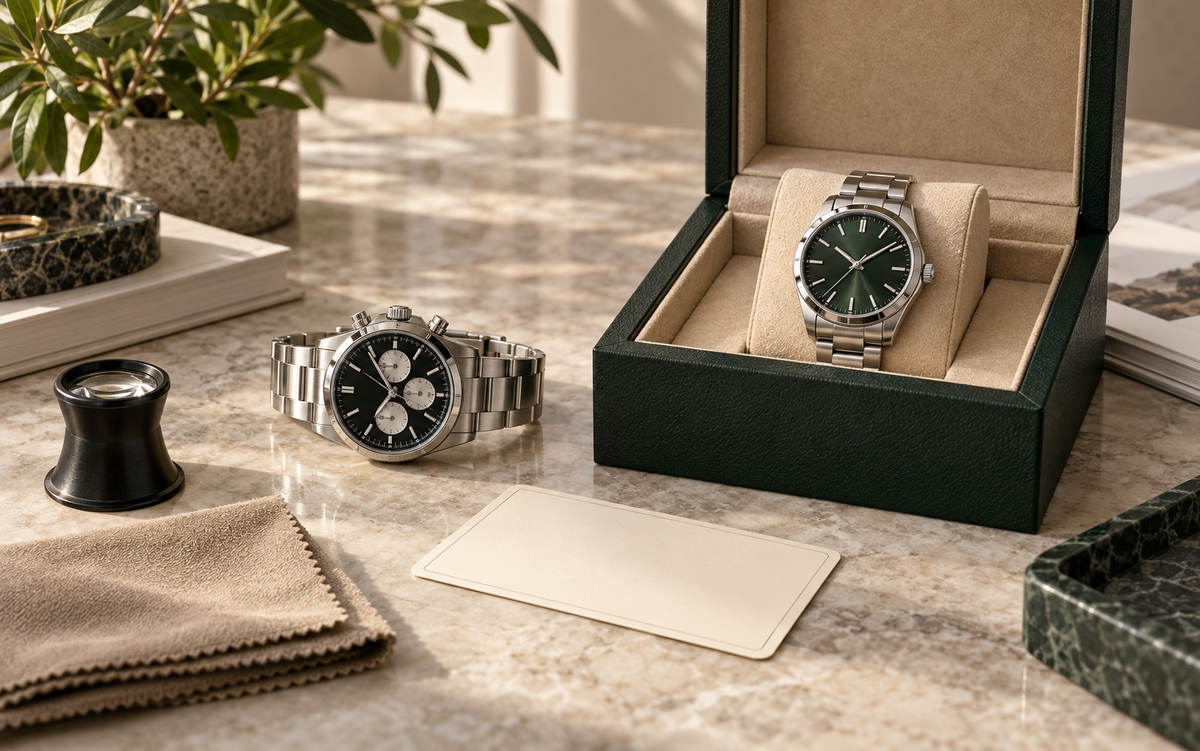 Luxury watches presented for a Volices guide to authentic watch pricing and sourcing