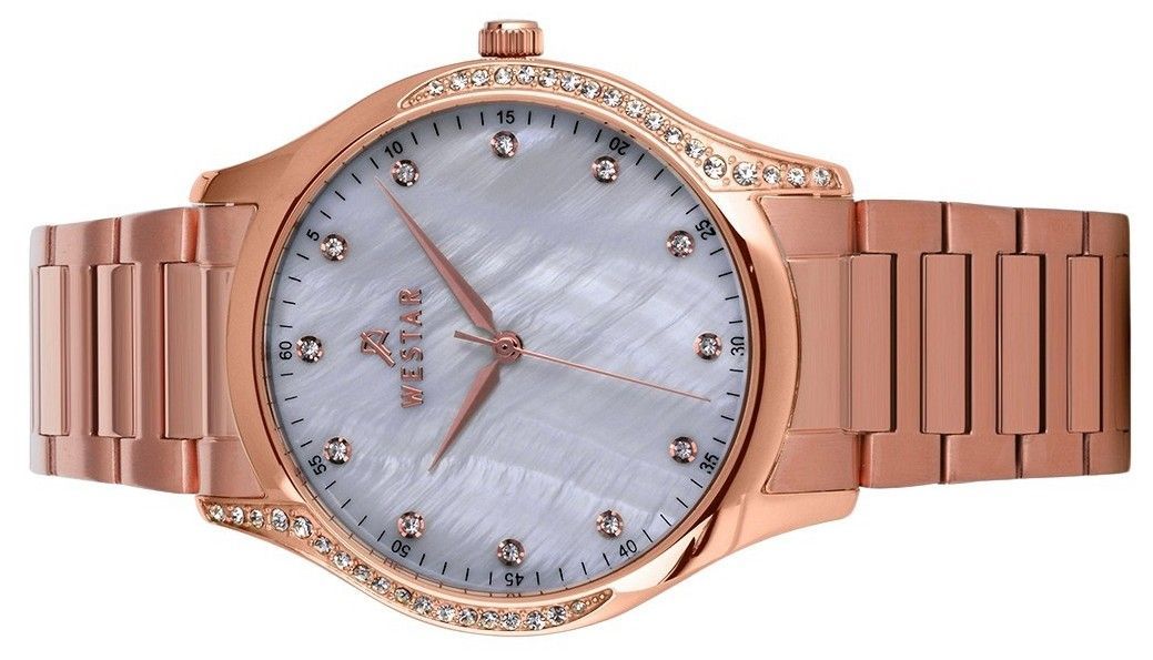 Westar Zing Crystal Accents Rose Gold Tone Stainless Steel White Mother Of Pearl Dial Quartz 00127PPN611 Women's Watch