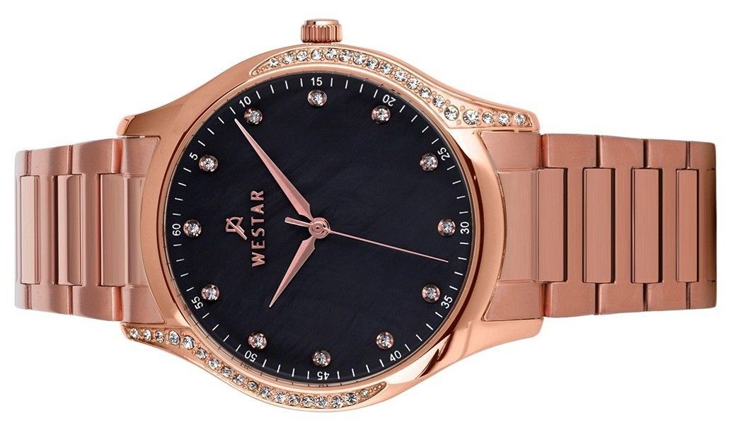 Westar Zing Crystal Accents Rose Gold Tone Stainless Steel Black Mother Of Pearl Dial Quartz 00127PPN613 Women's Watch