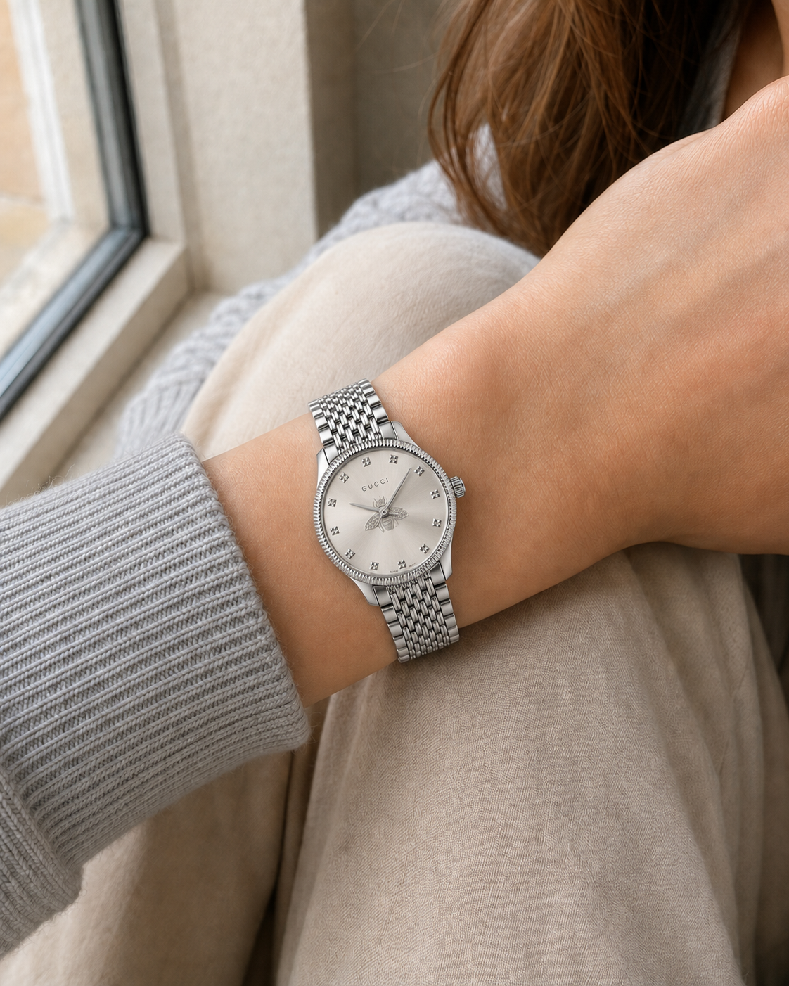 Gucci G-Timeless 29 mm Silver Bee Dial Watch YA1265019 worn on wrist