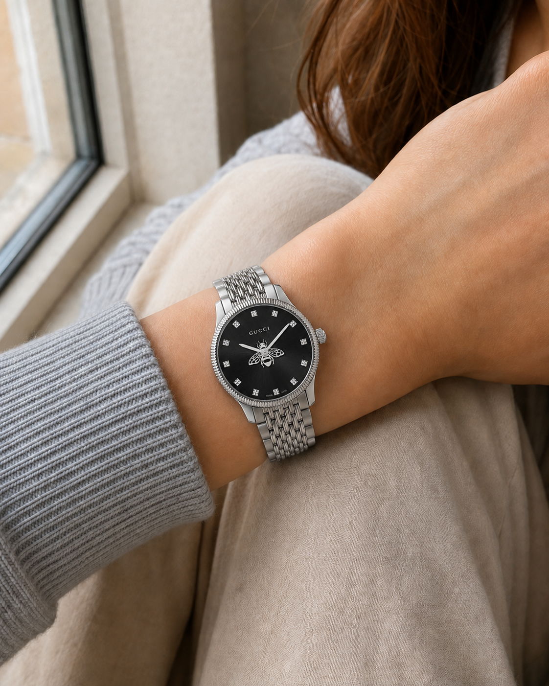 Gucci G-Timeless 29 mm Black Bee Dial Watch YA1265020 worn on wrist