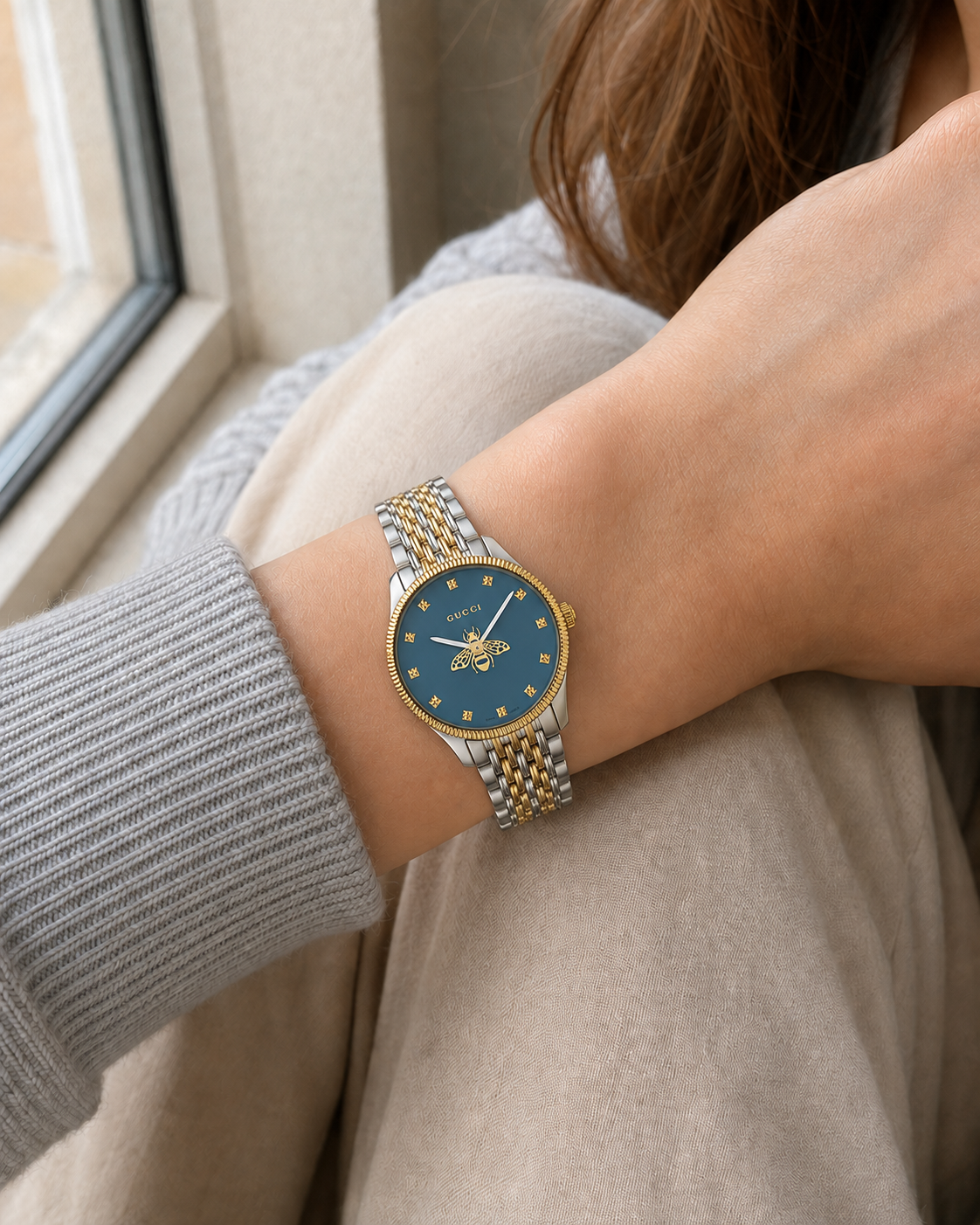 Gucci G-Timeless 29 mm Blue Bee Seconds-Hand Watch YA1265029 worn on wrist