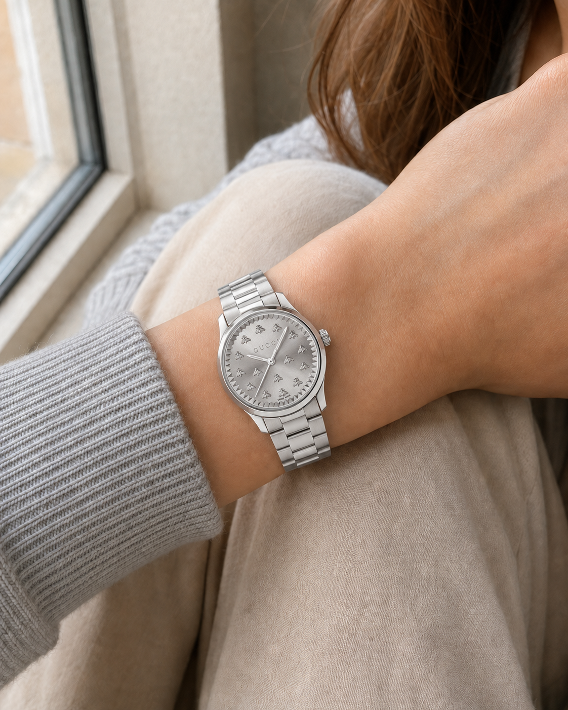 Gucci G-Timeless YA1265031 silver bee dial watch worn on wrist