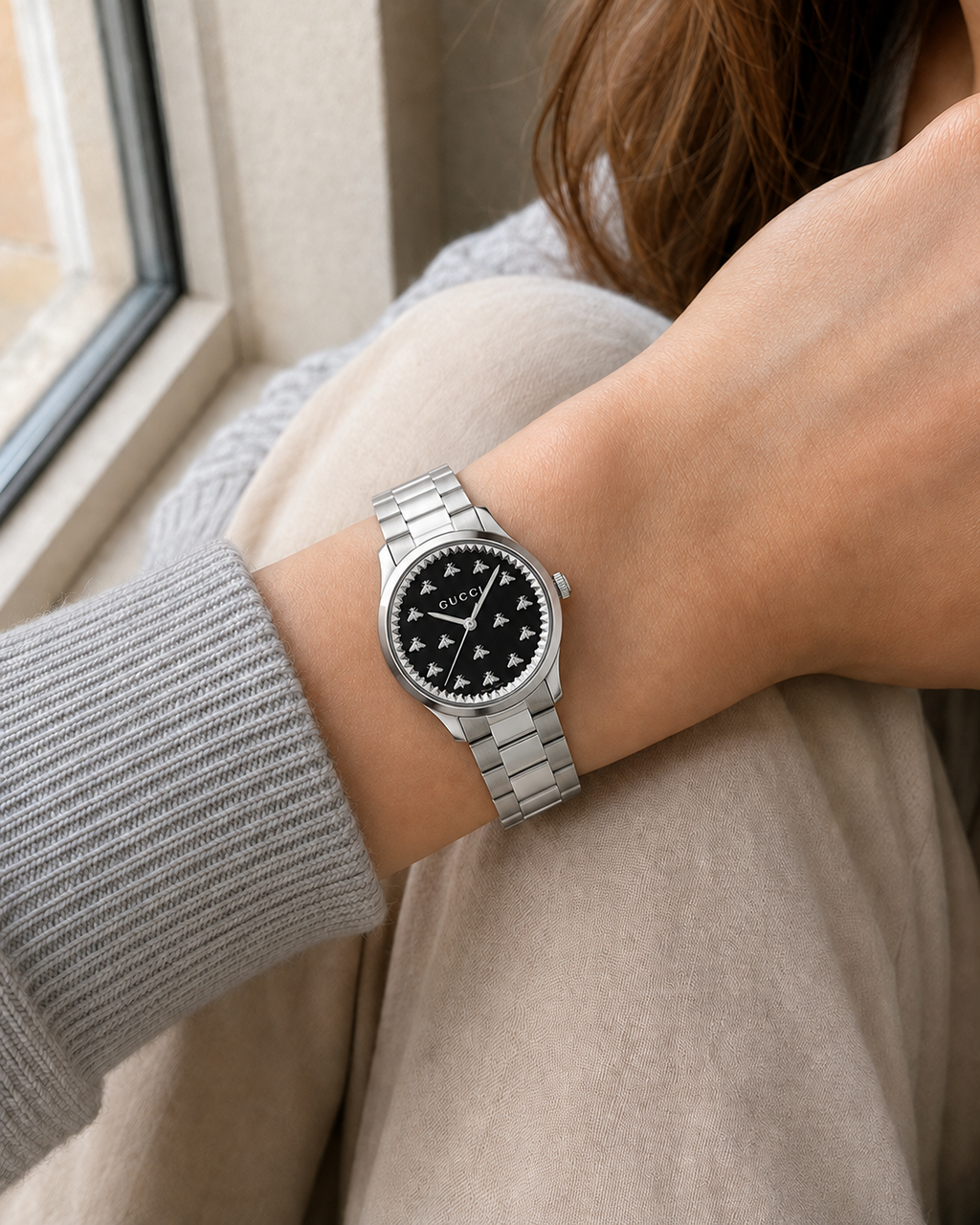 Gucci G-Timeless 32 mm Black Onyx Bee Dial Watch YA1265034 worn on wrist