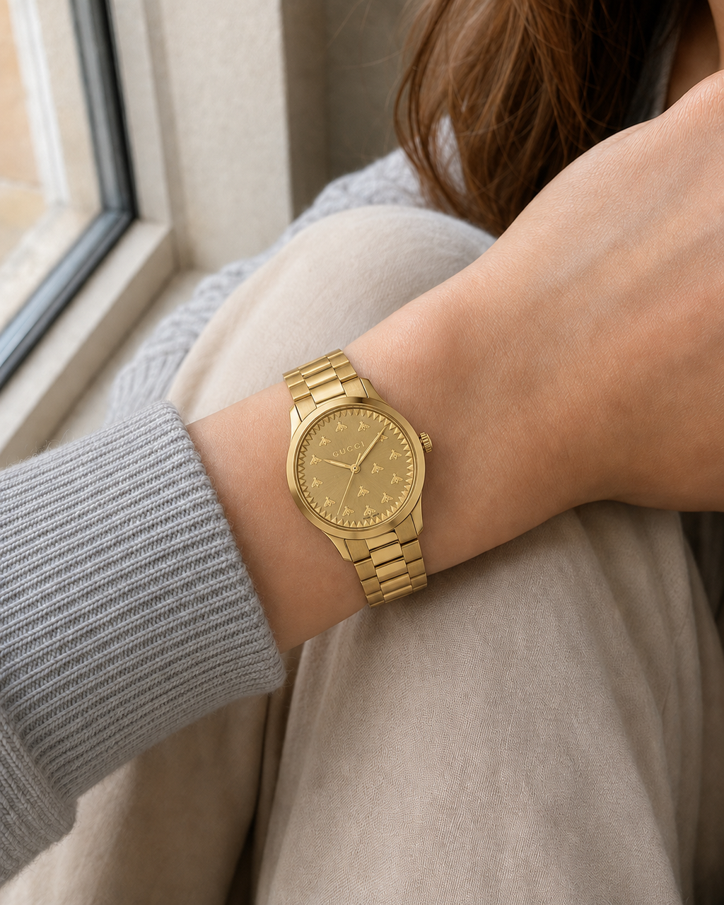 Gucci G-Timeless 32 mm Gold Bee Dial Watch YA1265036 worn on wrist
