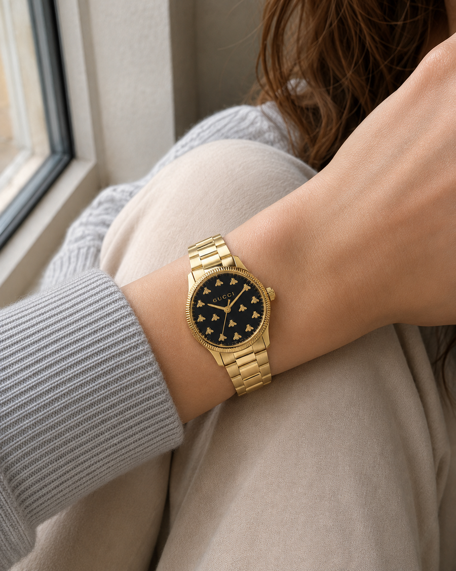 Gucci G-Timeless 32 mm Black Bee Dial Watch YA1265037 worn on wrist