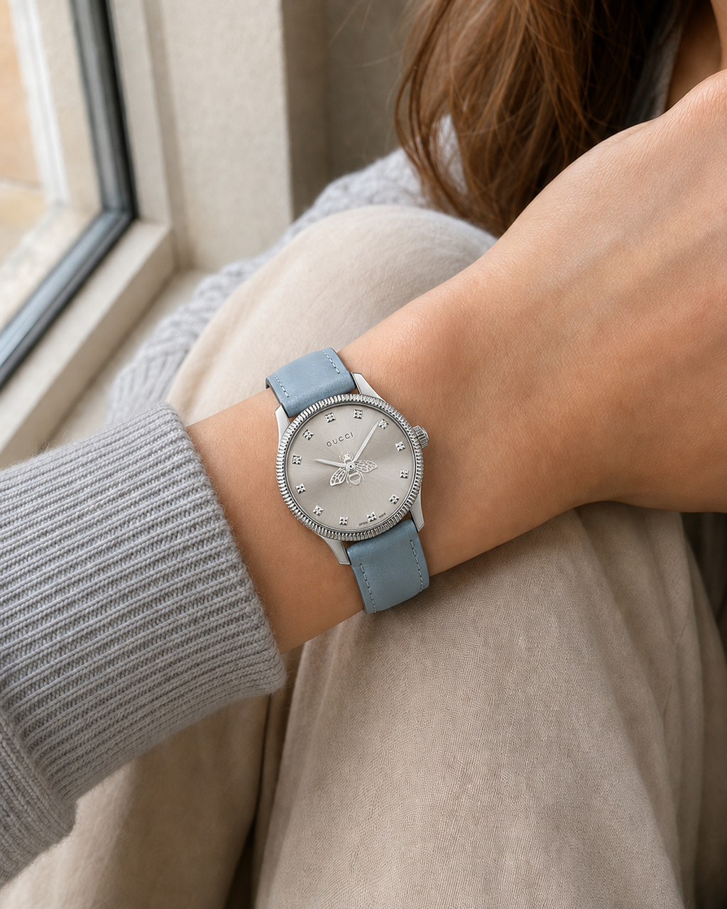 Gucci G-Timeless 29 mm Silver Bee Dial Watch YA1265039 worn on wrist