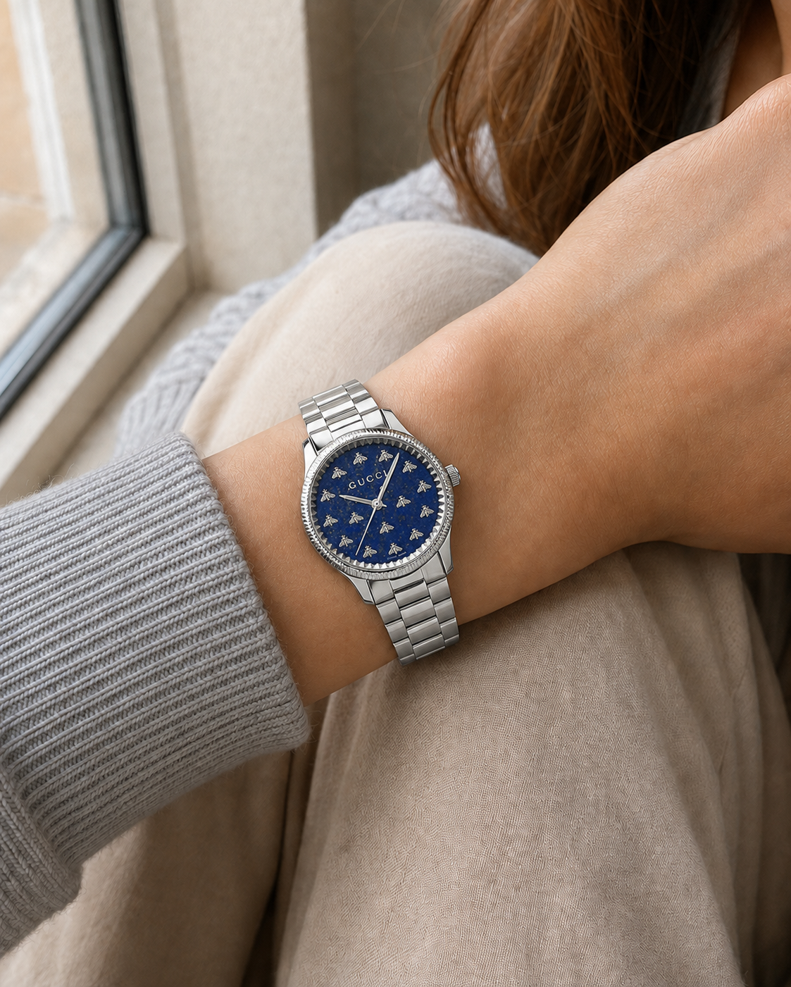 Gucci G-Timeless 32 mm Blue Lapis Bee Dial Watch YA1265043 worn on wrist