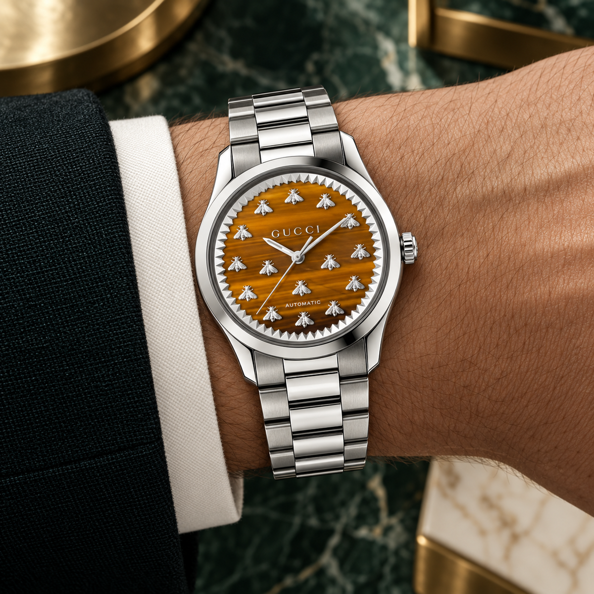 Gucci G-Timeless Multi-Bee 38 mm Natuurlijk tijgeroogbruin met zilveren bijenmotieven Horloge – YA1264177