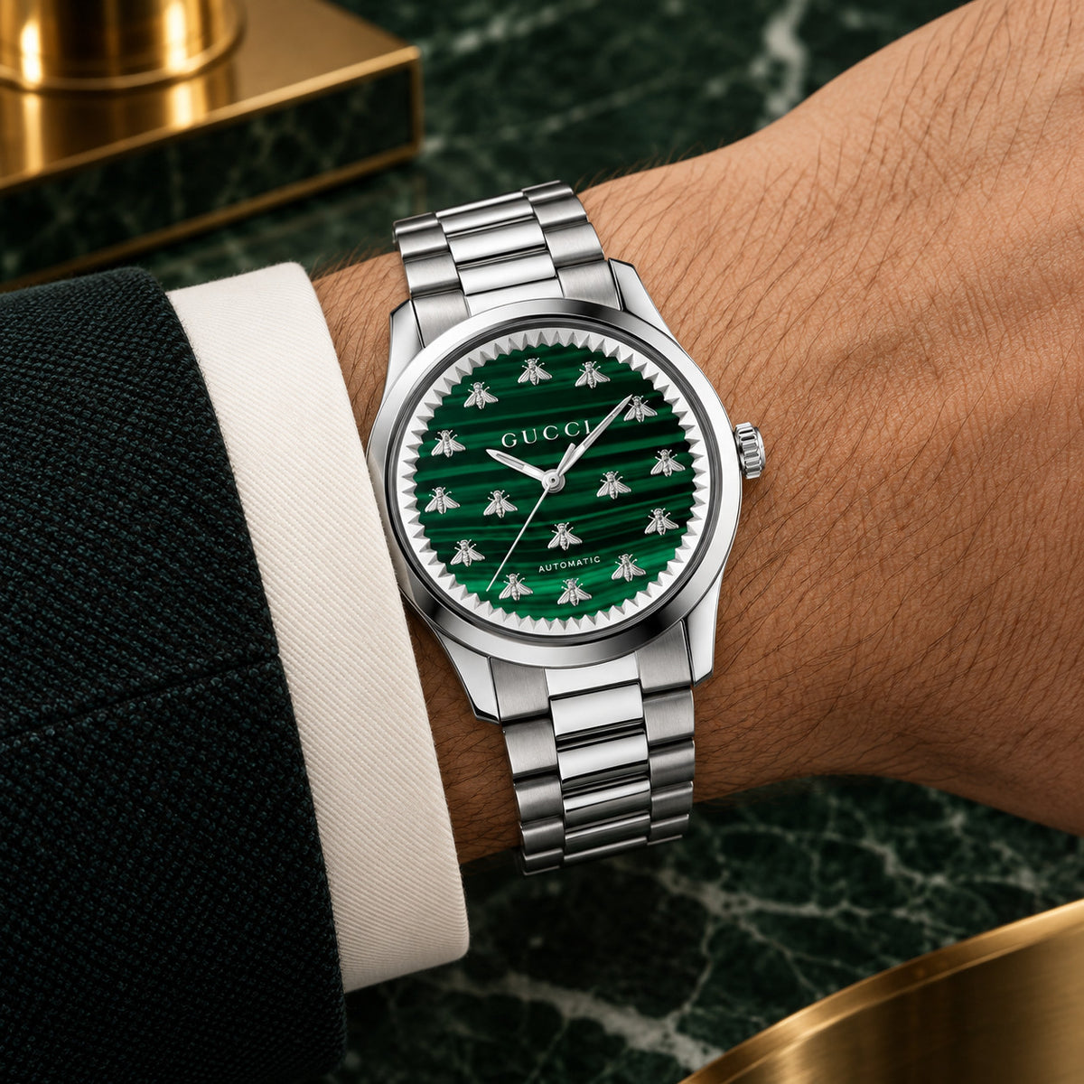 Gucci G-Timeless Multi-Bee 38 mm Green malachite with silver bee motifs Watch – YA1264176