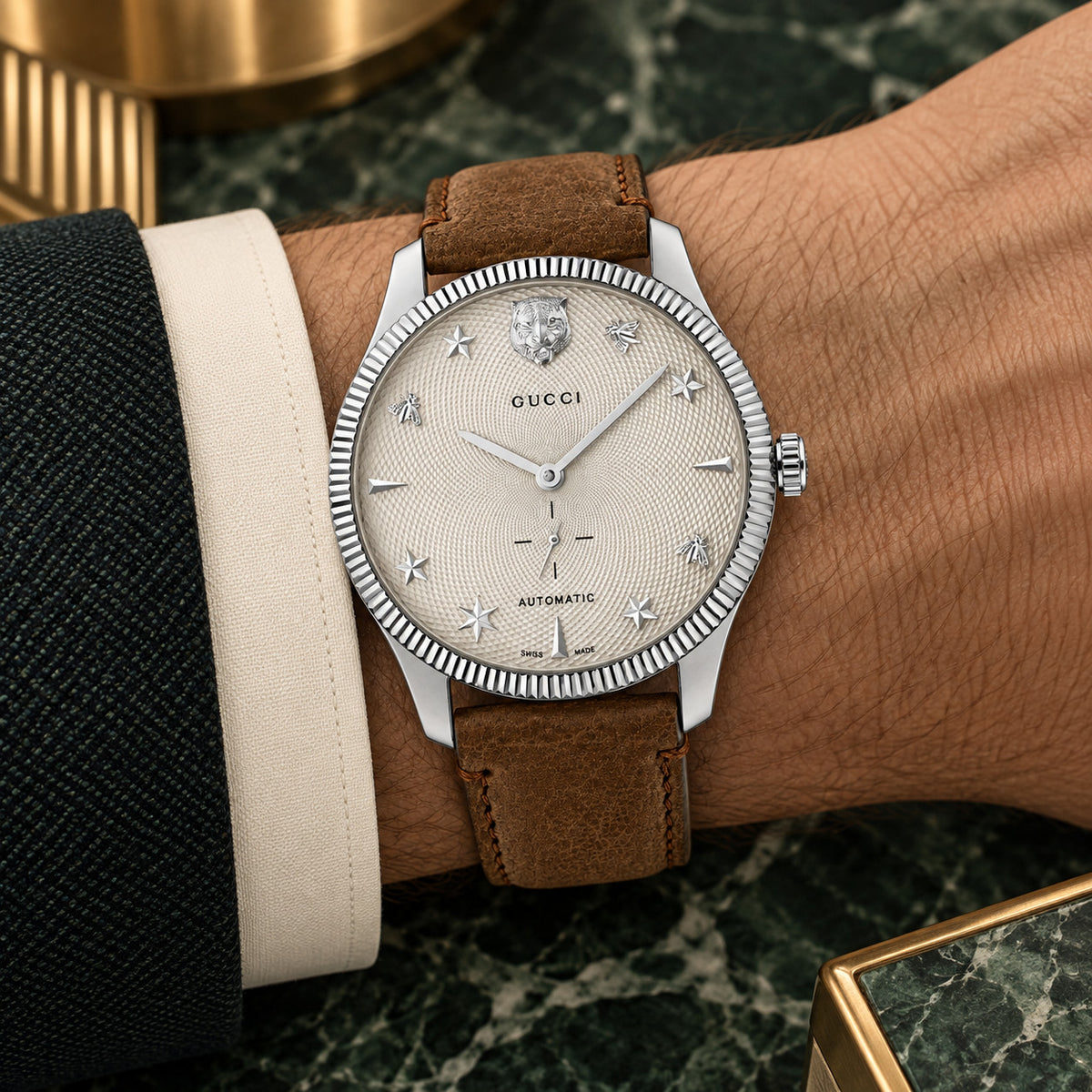 Gucci G-Timeless Small Seconds 40 mm White guilloche with feline, bee and star motifs Watch – YA126361
