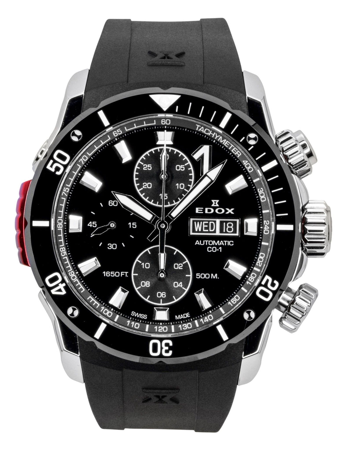 Edox CO-1 chronograaf rubberen band zwarte wijzerplaat automatisch duiker 01128-3NRCA-NN 500M herenhorloge