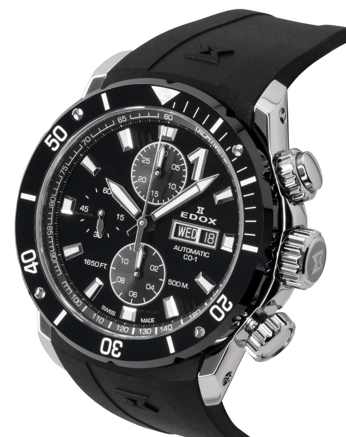 Edox CO-1 chronograaf rubberen band zwarte wijzerplaat automatisch duiker 01128-3NRCA-NN 500M herenhorloge