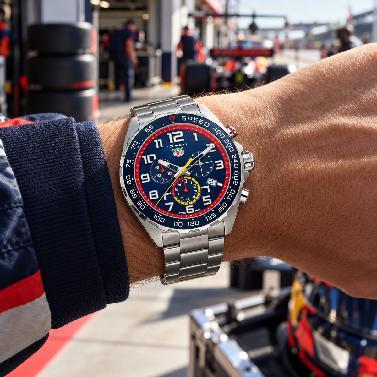 TAG Heuer Formula 1 CAZ101AL.BA0842 worn on wrist in a motorsport paddock