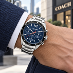 Coach Sullivan Sport men's chronograph 14602032 worn on wrist, silver and navy