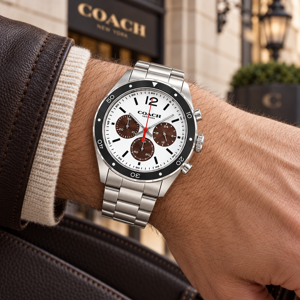 Coach Sullivan Sport men's chronograph 14602033 worn on wrist, silver, white and brown