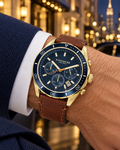 Coach Preston men's chronograph 14602513 worn on wrist, gold, navy and brown