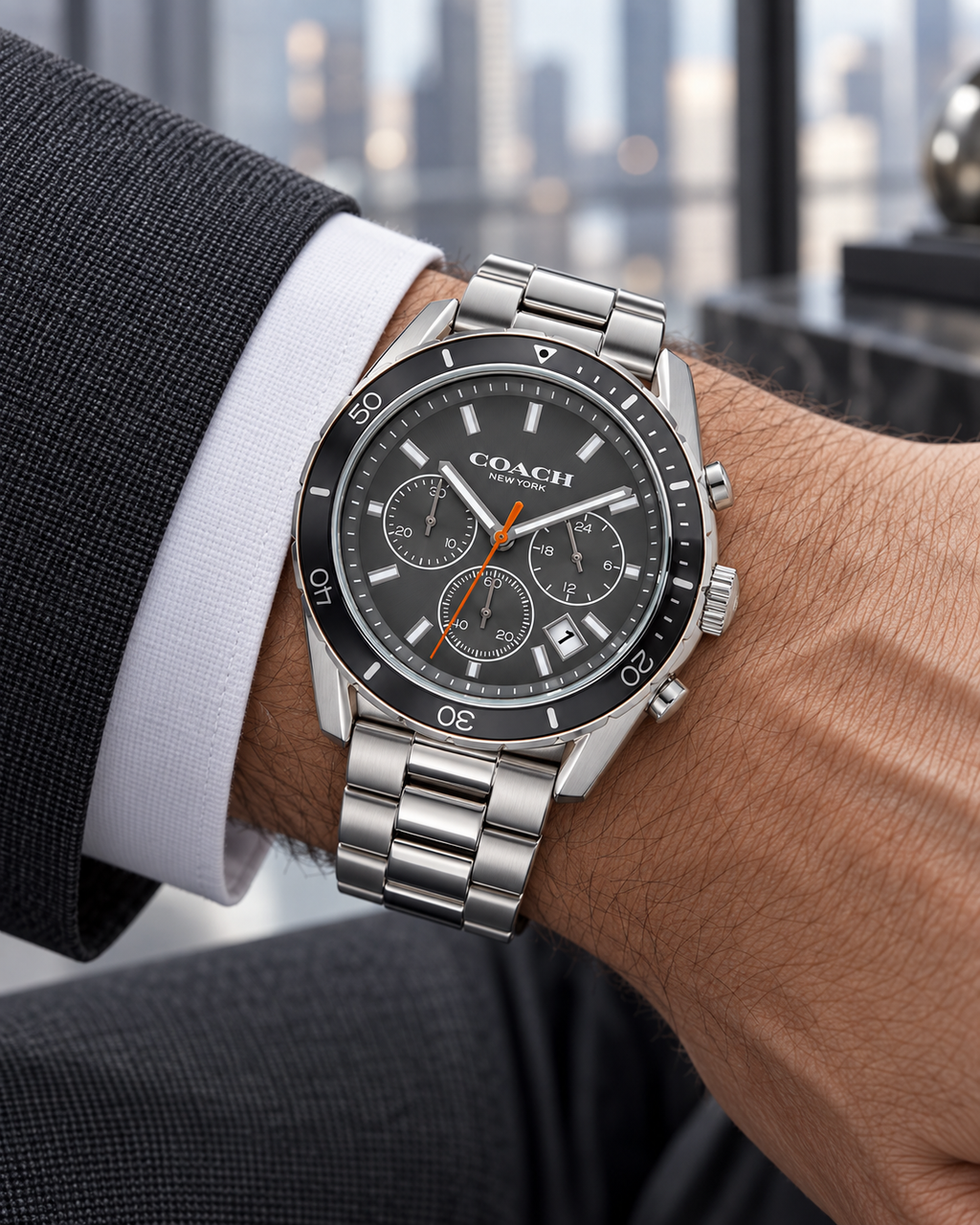 Coach Preston men's chronograph 14602515 worn on wrist, silver and charcoal grey