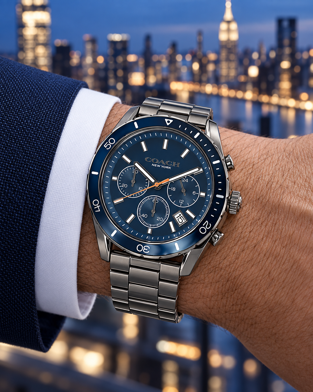 Coach Preston men's chronograph 14602516 worn on wrist, gunmetal and navy