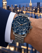 Coach Preston men's chronograph 14602516 worn on wrist, gunmetal and navy