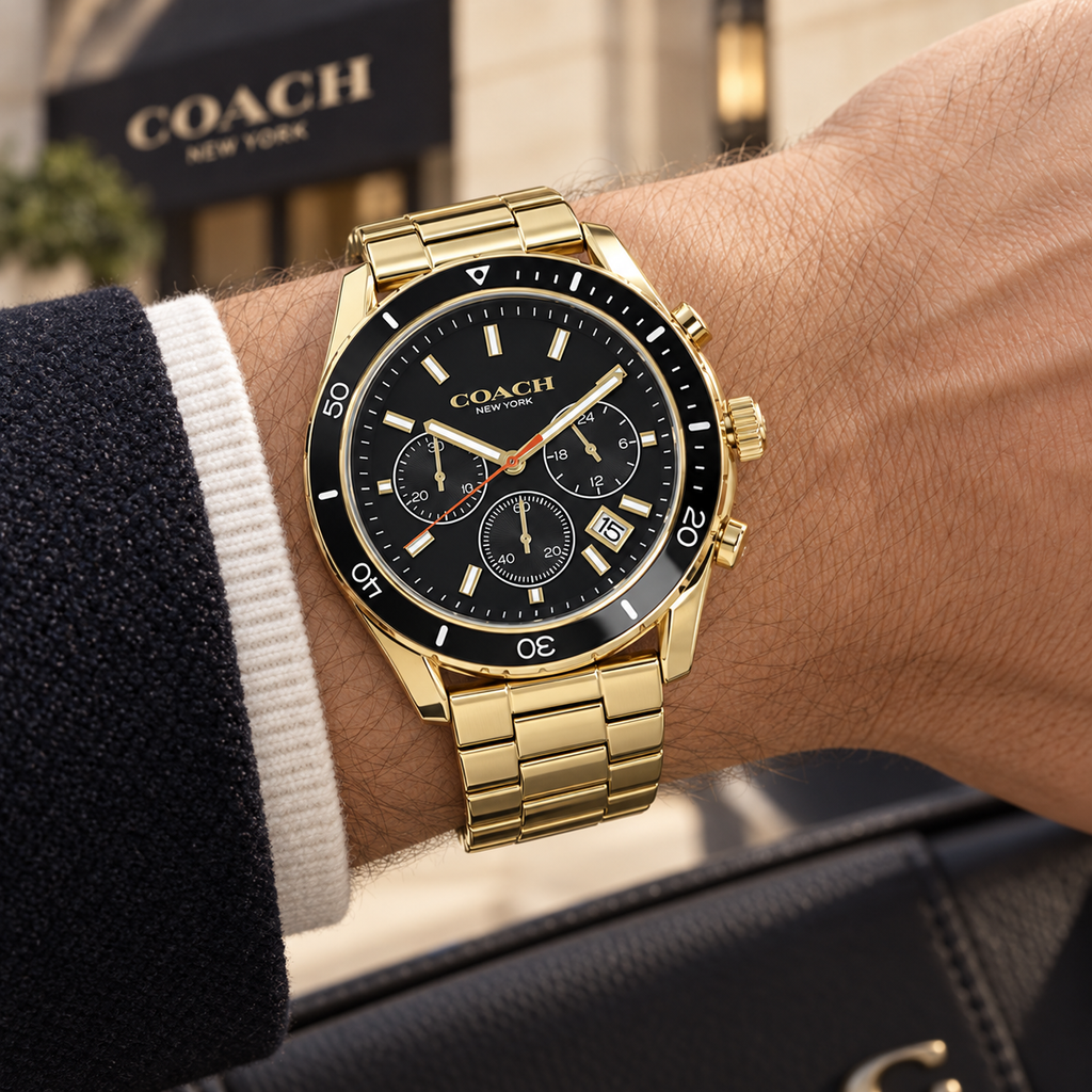 Coach Preston men's chronograph 14602517 worn on wrist, gold tone and black