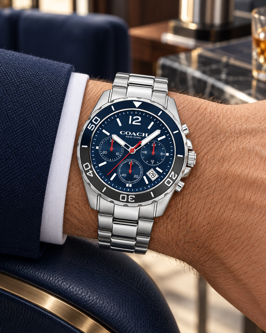 Coach Kent 14602555 men's navy chronograph watch worn on wrist
