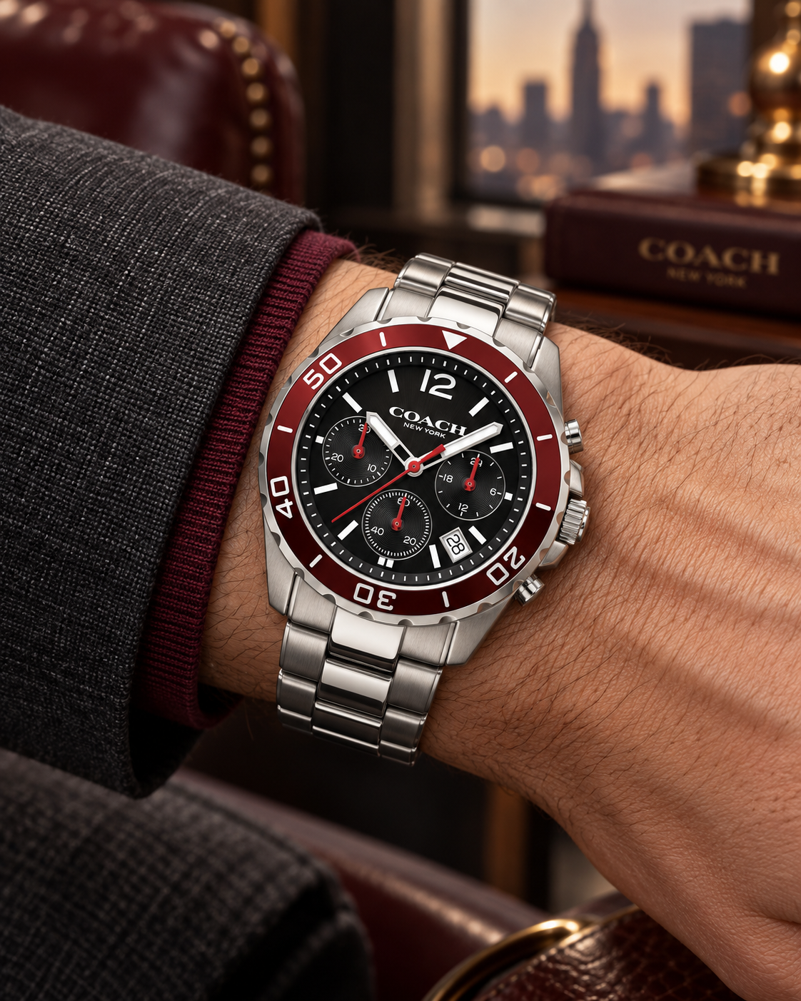 Coach Kent 14602556 men's black and burgundy chronograph watch worn on wrist