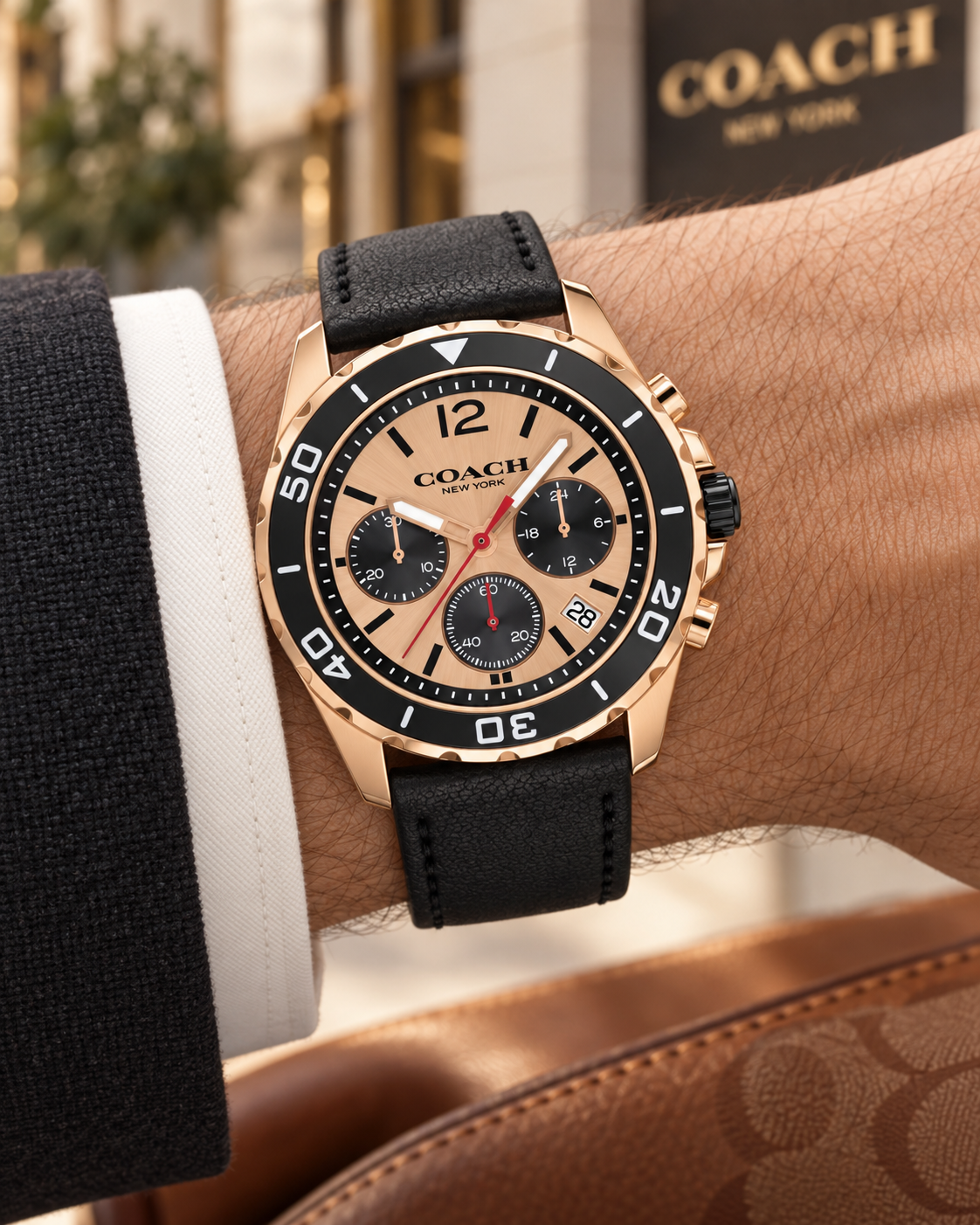Coach Kent 14602559 men's rose gold and black leather chronograph watch worn on wrist