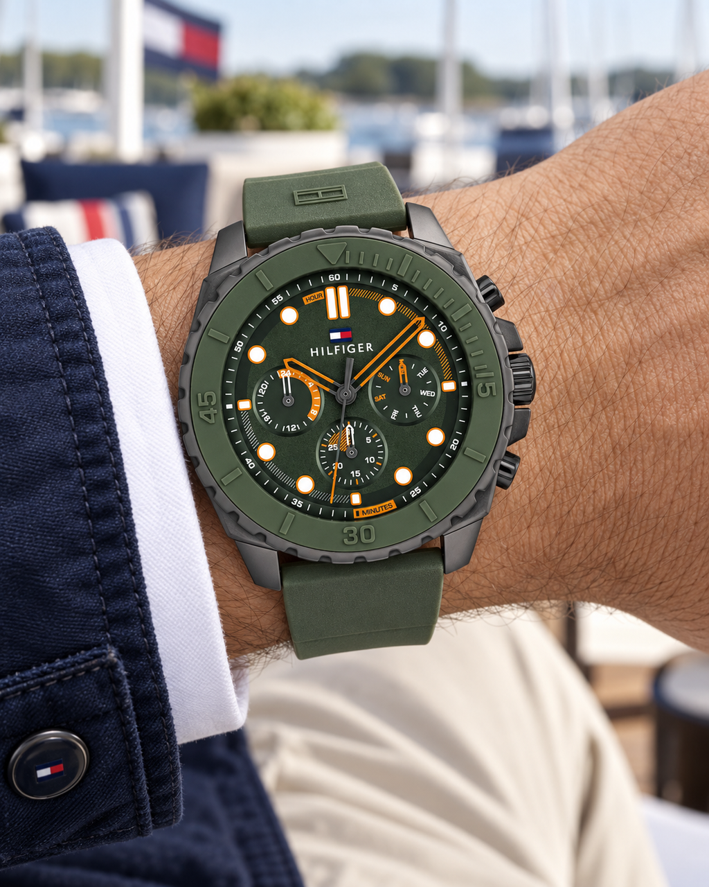 Tommy Hilfiger Morgan Men's Multifunction Watch – Green Silicone Strap, 48mm – 1710688 – On-wrist hero