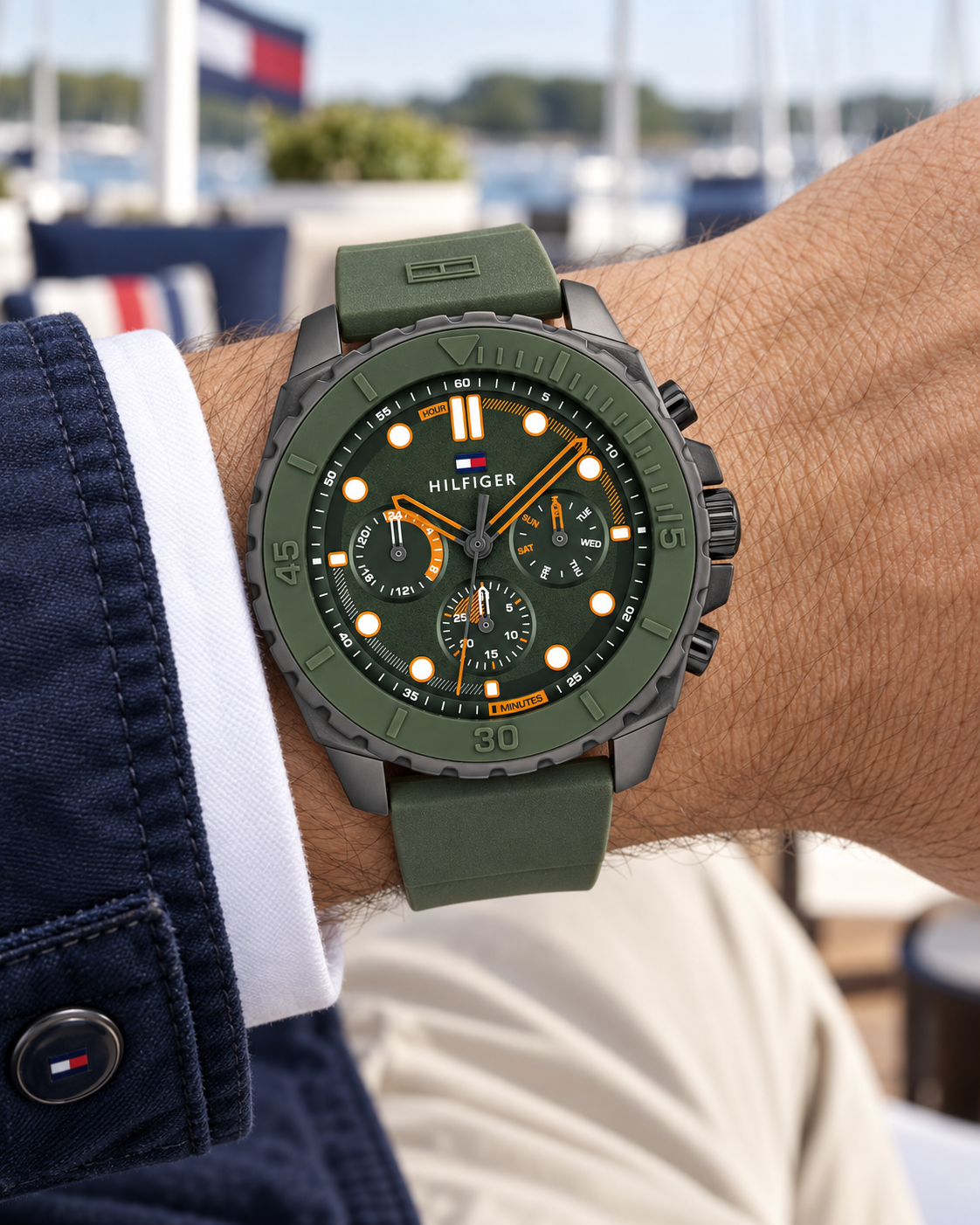 Tommy Hilfiger Morgan Men's Multifunction Watch – Green Silicone Strap, 48mm – 1710688 – On-wrist hero
