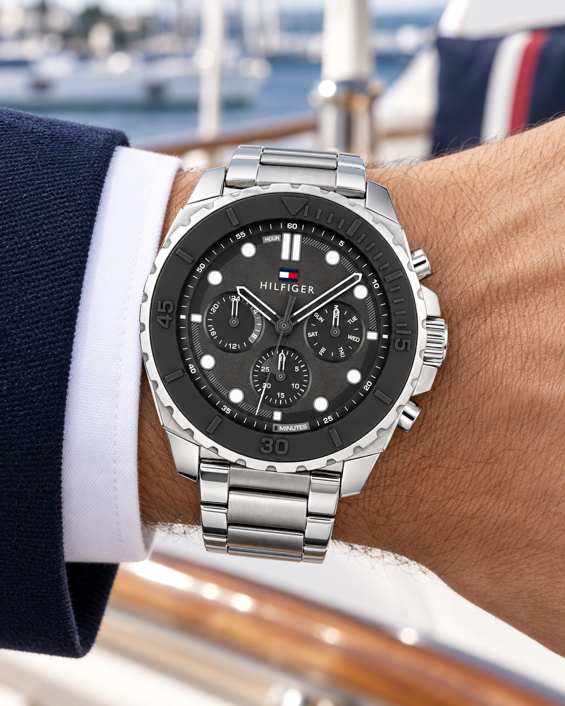 Tommy Hilfiger Morgan Men's Multifunction Watch – Silver Steel Bracelet, 48mm – 1710689 – On-wrist hero