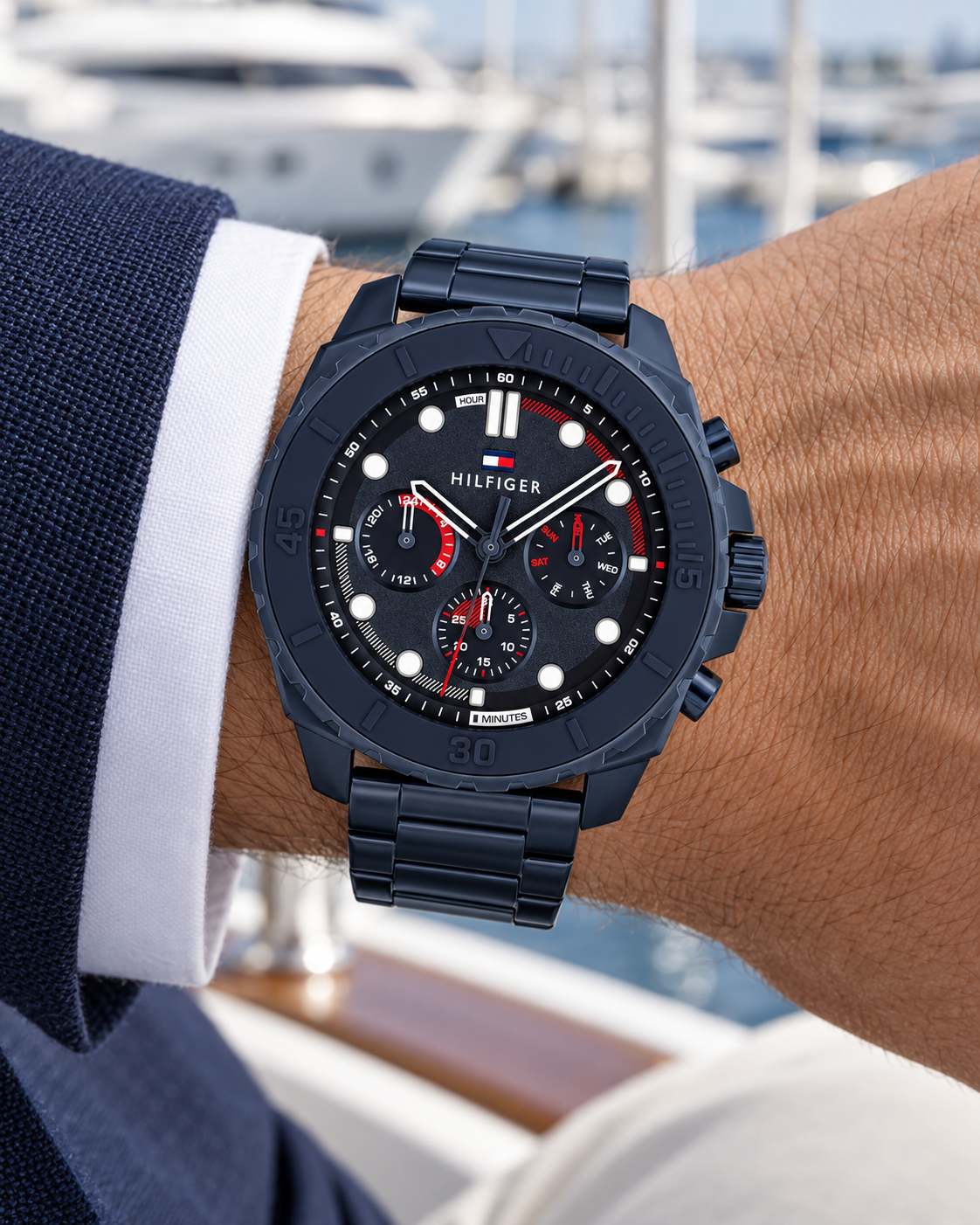 Tommy Hilfiger Morgan Men's Multifunction Watch – Navy Steel Bracelet, 48mm – 1710691 – On-wrist hero