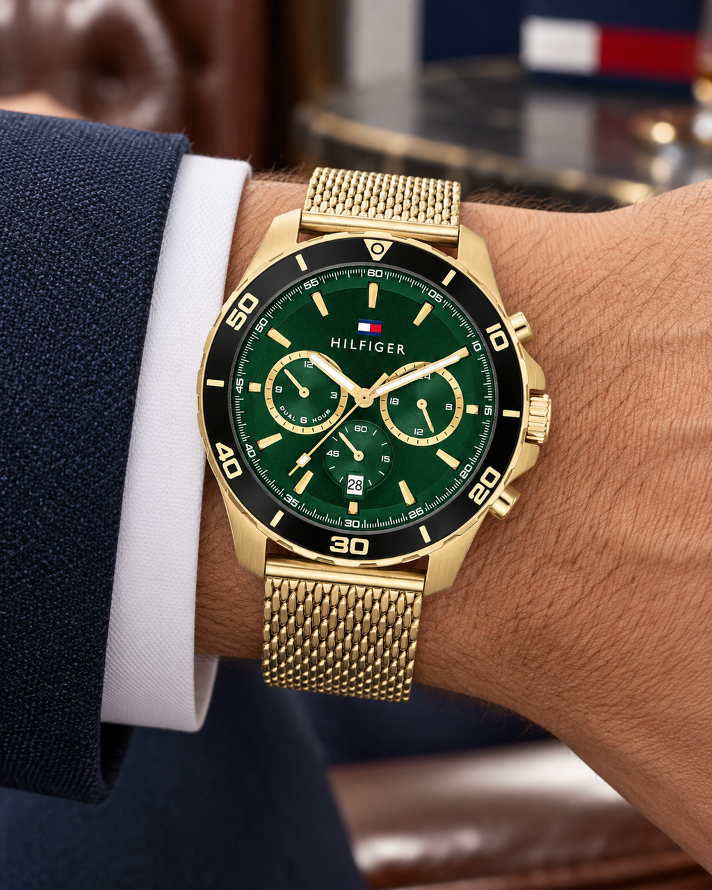 Tommy Hilfiger Jordan 1792093 gold mesh watch on wrist