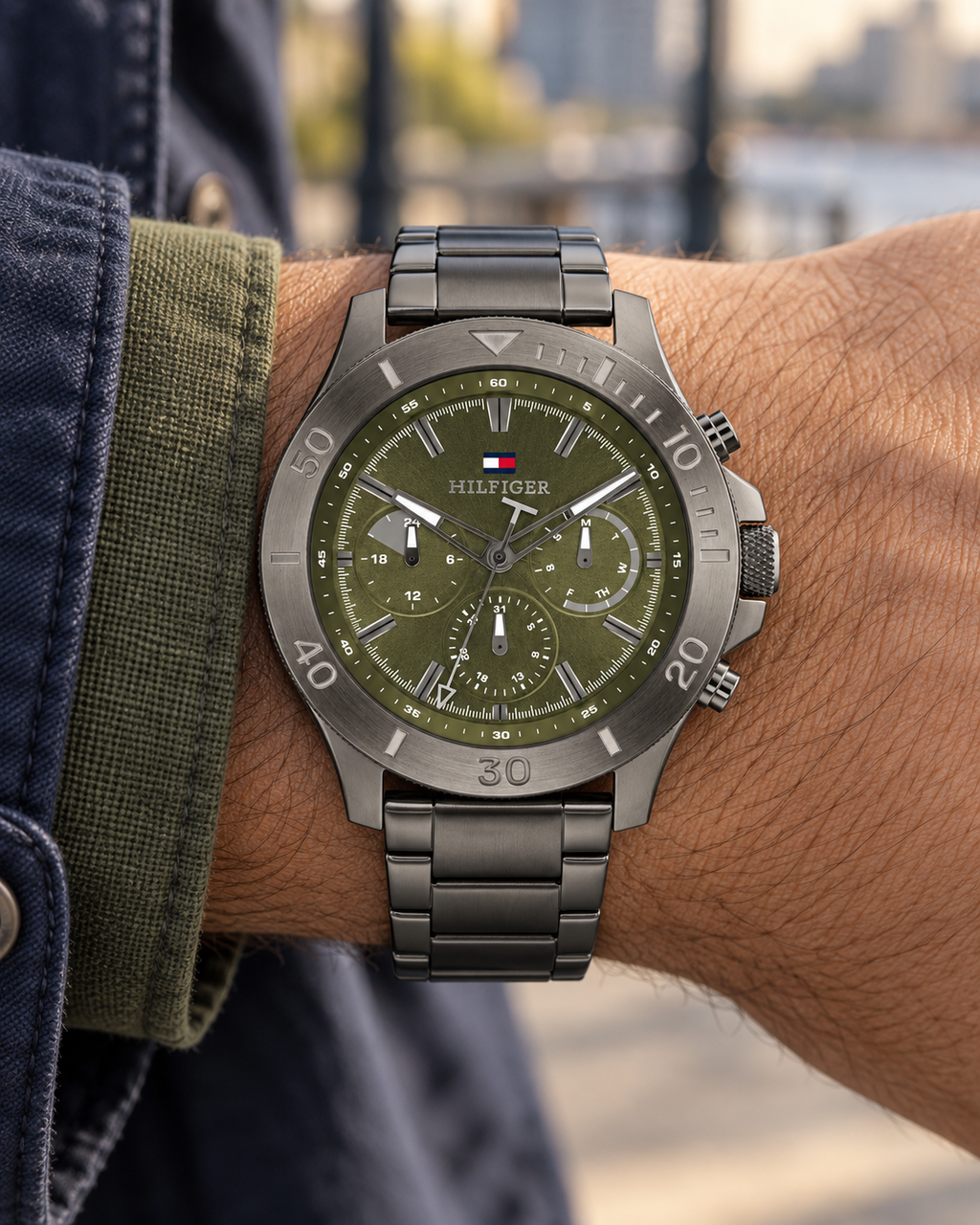 Tommy Hilfiger Bryan Men's Multifunction Watch – Green Dial, Gunmetal Steel Bracelet, 46mm – 1792115 – on-wrist hero