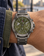 Tommy Hilfiger Bryan Men's Multifunction Watch – Green Dial, Gunmetal Steel Bracelet, 46mm – 1792115 – on-wrist hero