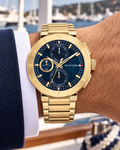Tommy Hilfiger Lorenzo Men's Multifunction Watch – Navy Dial, Gold Steel Bracelet, 44mm – 1792118 – on-wrist hero