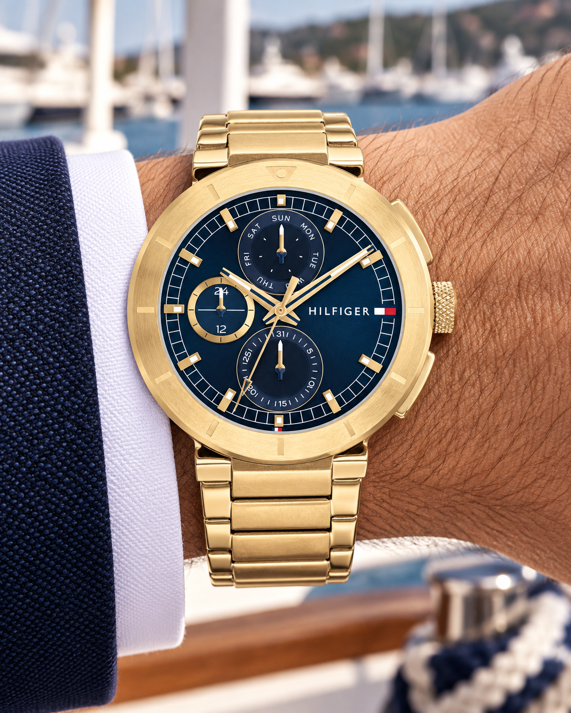 Tommy Hilfiger Lorenzo Men's Multifunction Watch – Navy Dial, Gold Steel Bracelet, 44mm – 1792118 – on-wrist hero