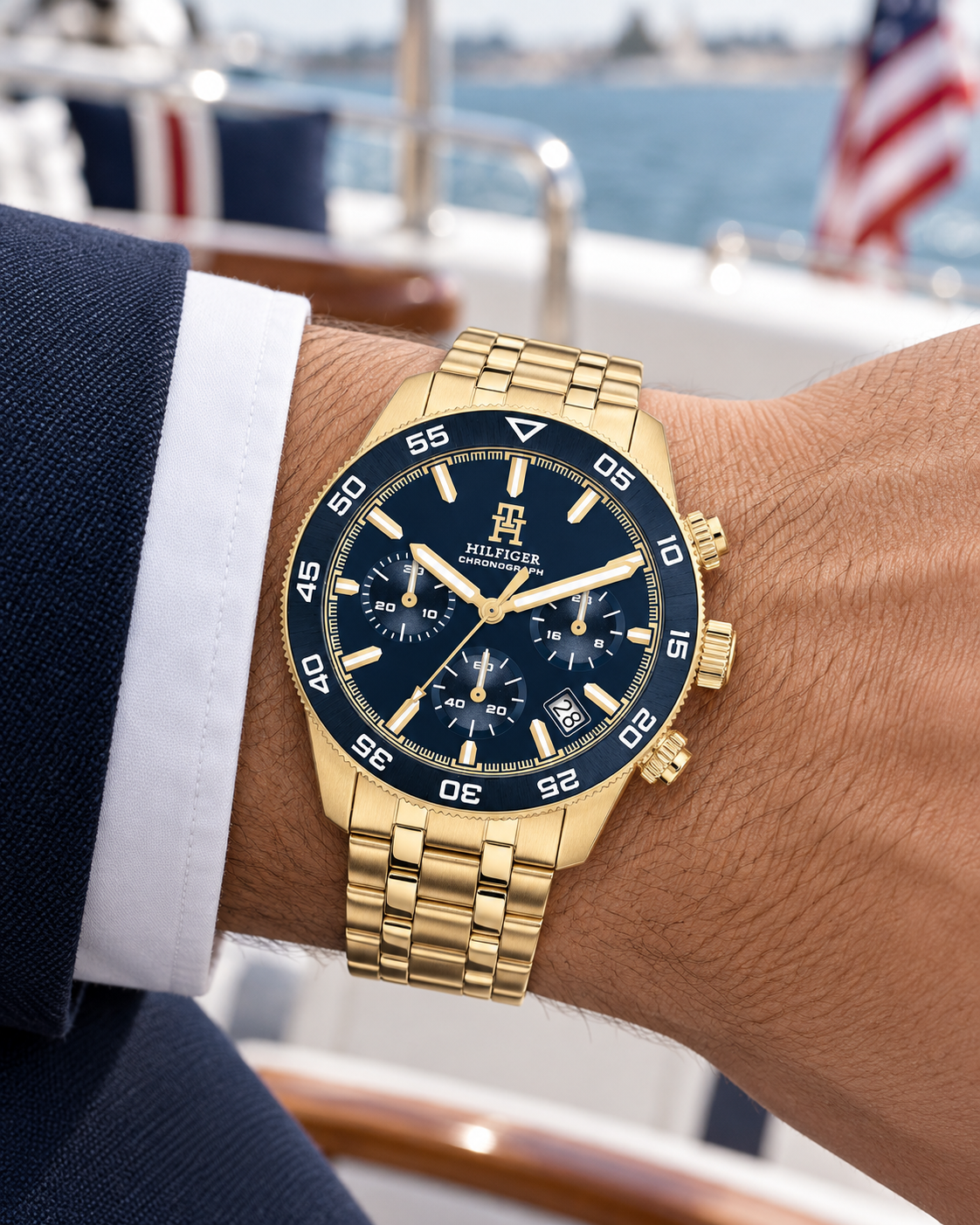Tommy Hilfiger TH85 Chrono 1792158 gold watch on wrist