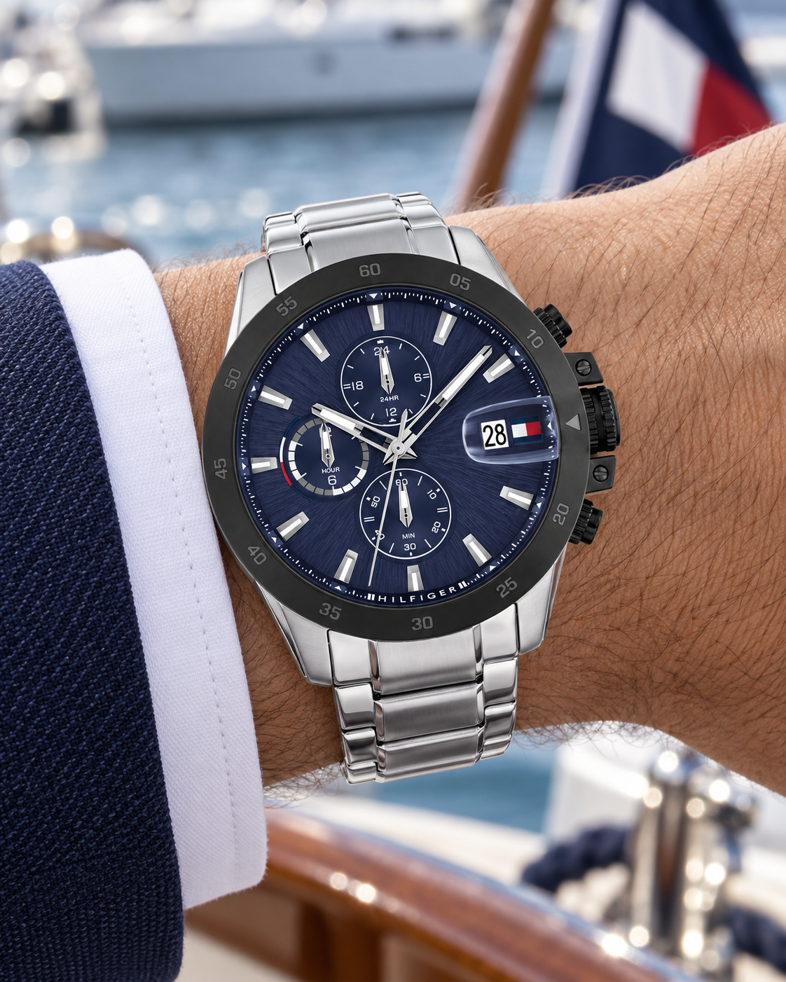 Tommy Hilfiger Jameson Men's Dual-Time Multifunction Watch – Navy Dial, Silver Steel Bracelet, 43mm – 1792198 – On-wrist hero