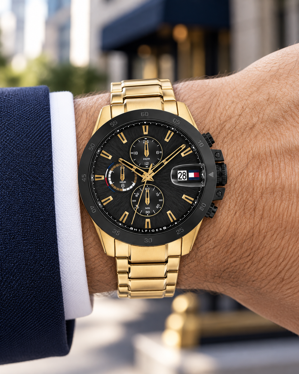 Tommy Hilfiger Jameson Men's Dual-Time Multifunction Watch – Black Dial, Gold Steel Bracelet, 43mm – 1792199 – on-wrist hero