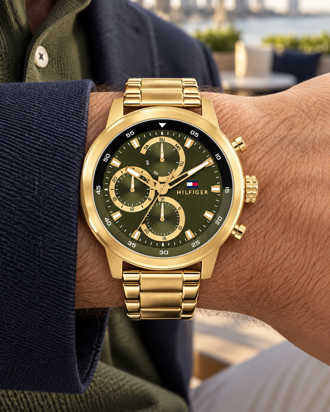 Tommy Hilfiger Rocky Men's Multifunction Watch – Green Dial, Gold Steel Bracelet, 46mm – 1792216 – on-wrist hero