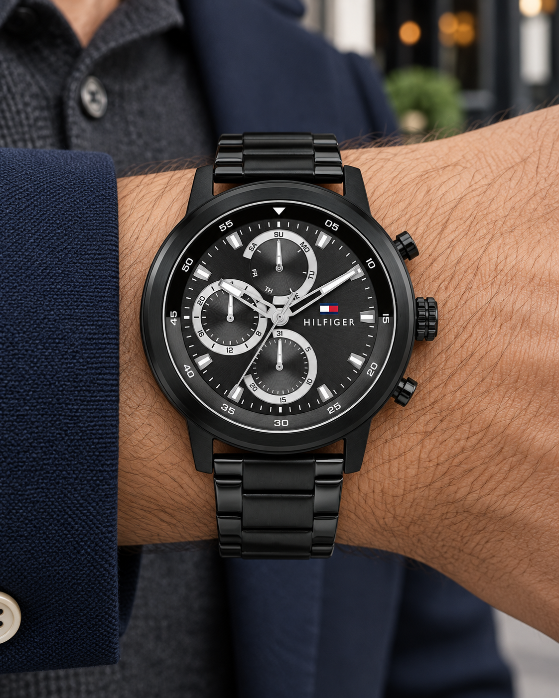 Tommy Hilfiger Rocky Men's Multifunction Watch – Black Steel Bracelet, 46mm – 1792217 – on-wrist hero