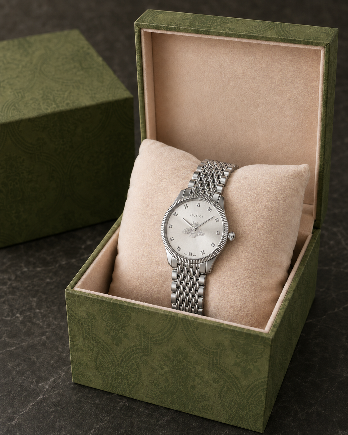 Gucci G-Timeless 29 mm Silver Bee Dial Watch YA1265019 presented with packaging