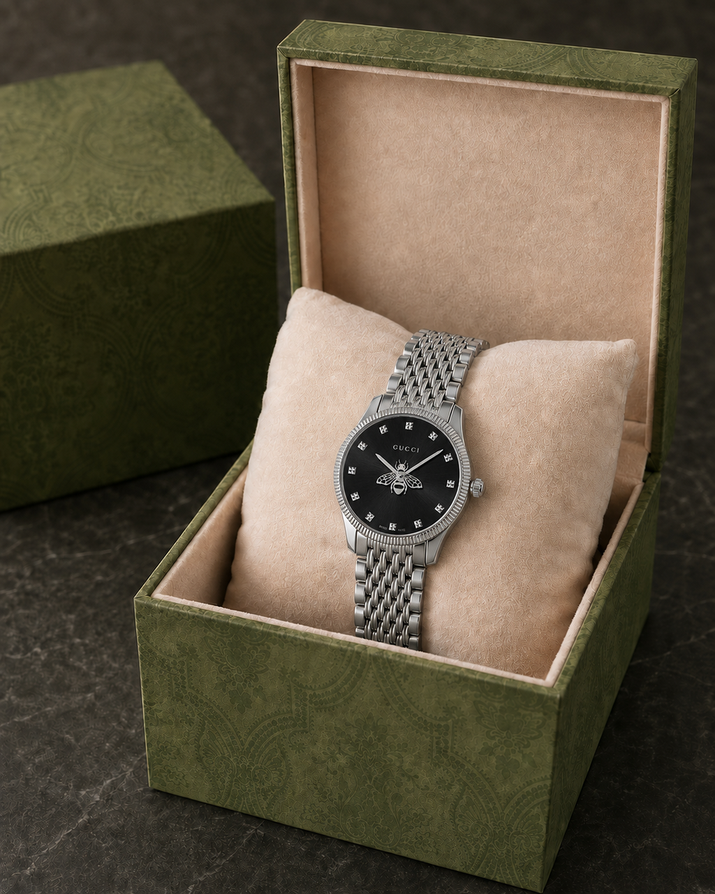 Gucci G-Timeless 29 mm Black Bee Dial Watch YA1265020 presented with packaging