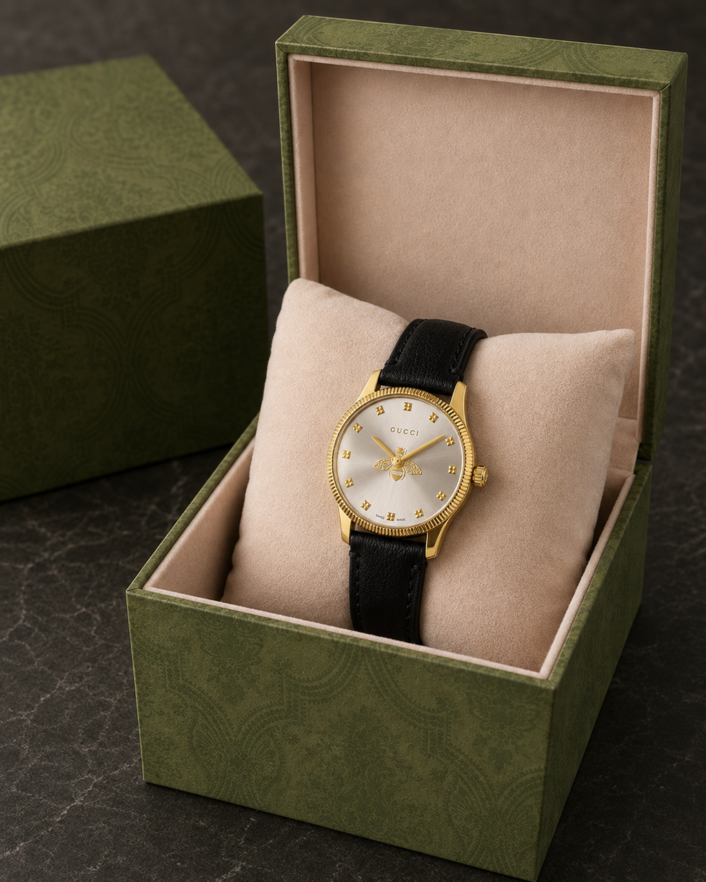 Gucci G-Timeless 29 mm Silver Bee Dial Watch YA1265023 presented with packaging
