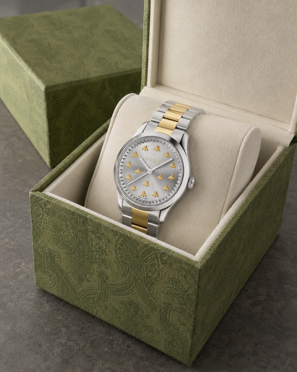 Gucci G-Timeless 32 mm Gold Bee Dial Watch YA1265032 presented with packaging