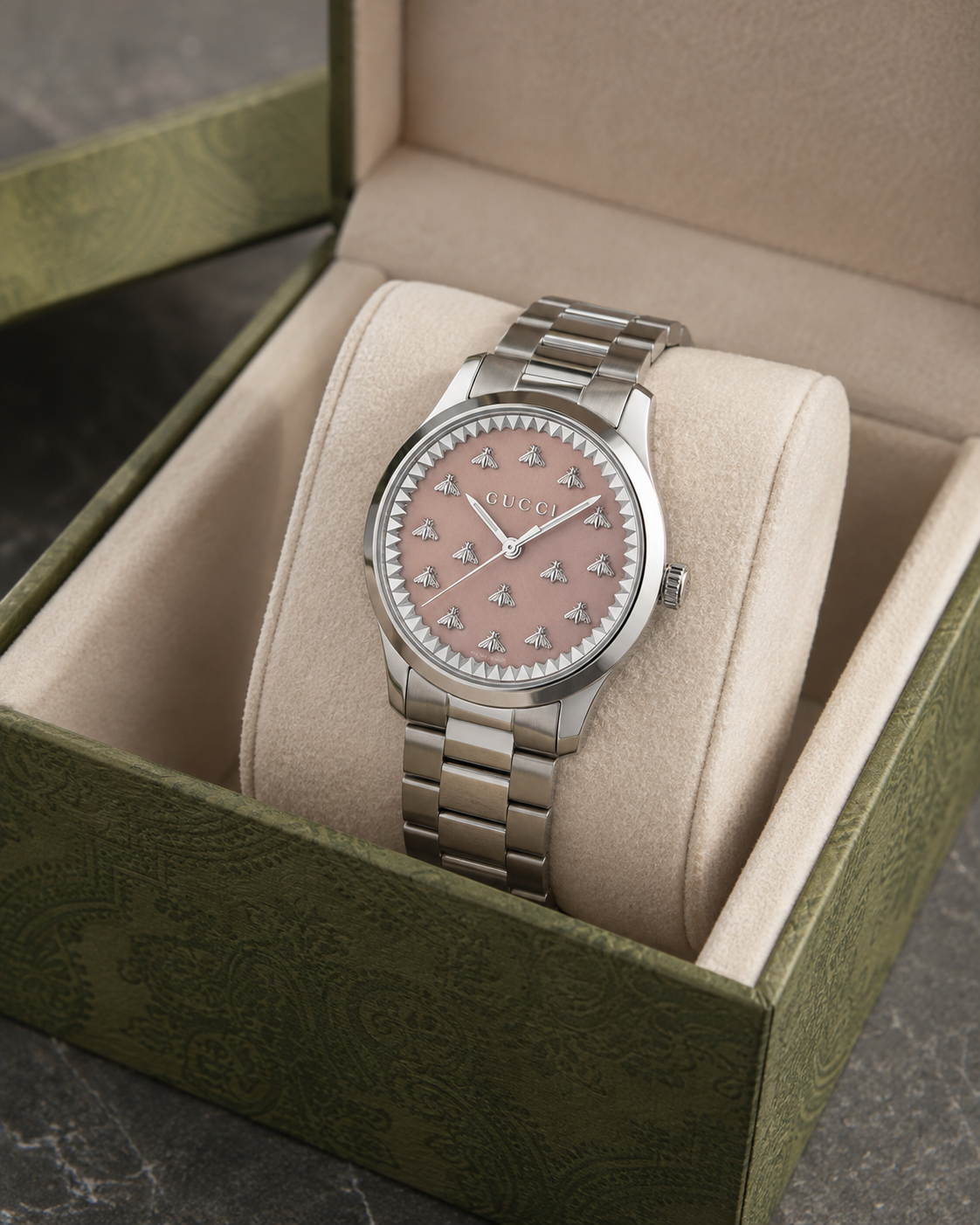 Gucci G-Timeless 32 mm Pink Bee Dial Watch YA1265033 presented with packaging