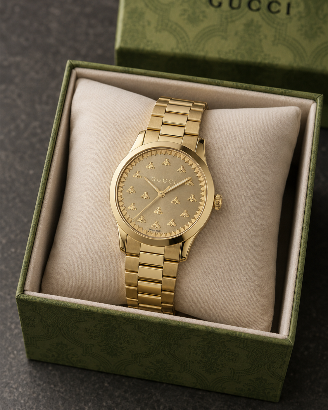 Gucci G-Timeless 32 mm Gold Bee Dial Watch YA1265036 presented with packaging