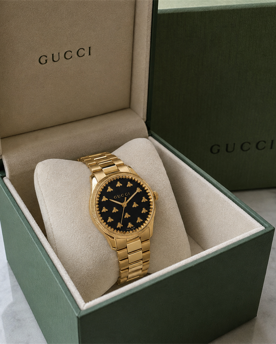 Gucci G-Timeless 32 mm Black Bee Dial Watch YA1265037 presented with packaging